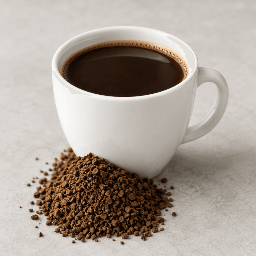 Fine, dry, dark brown instant coffee granules or powder gathered in a small mound beside or in a plain cup, with no added sugar or milk visible.