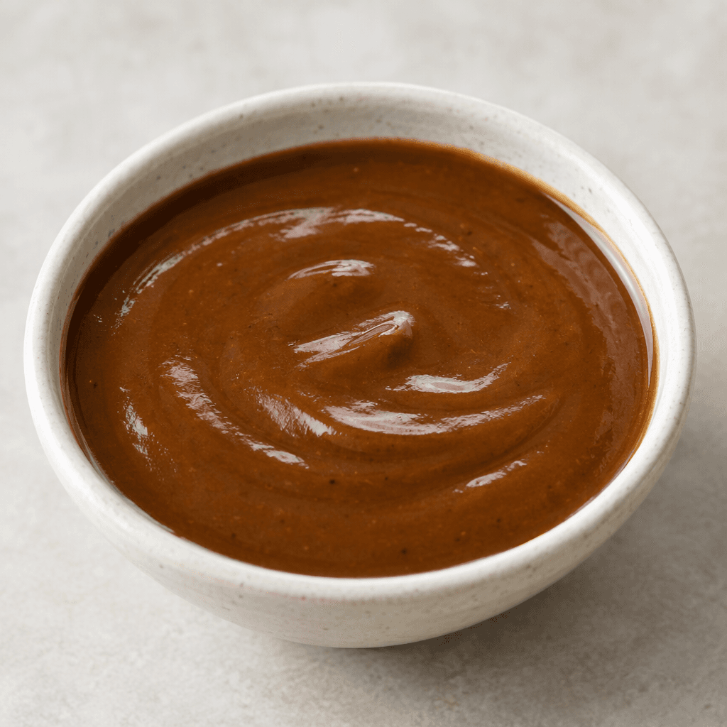 A thick, smooth, glossy brown sauce with a pourable consistency, served in a small bowl with a shallow pool and a few soft surface ripples.