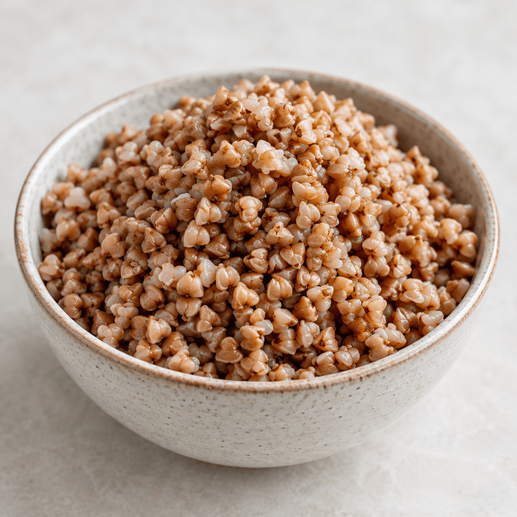 Loose, separate buckwheat groats in shades of tan and warm brown form a slightly glossy, textured mound in a serving bowl.