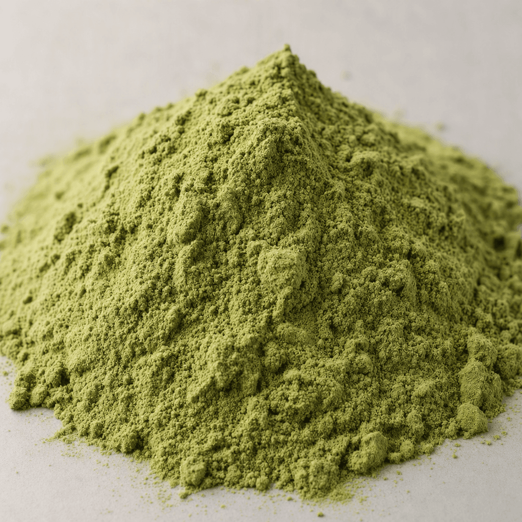 A mound of fine, matte green protein powder with a loose, slightly uneven surface.