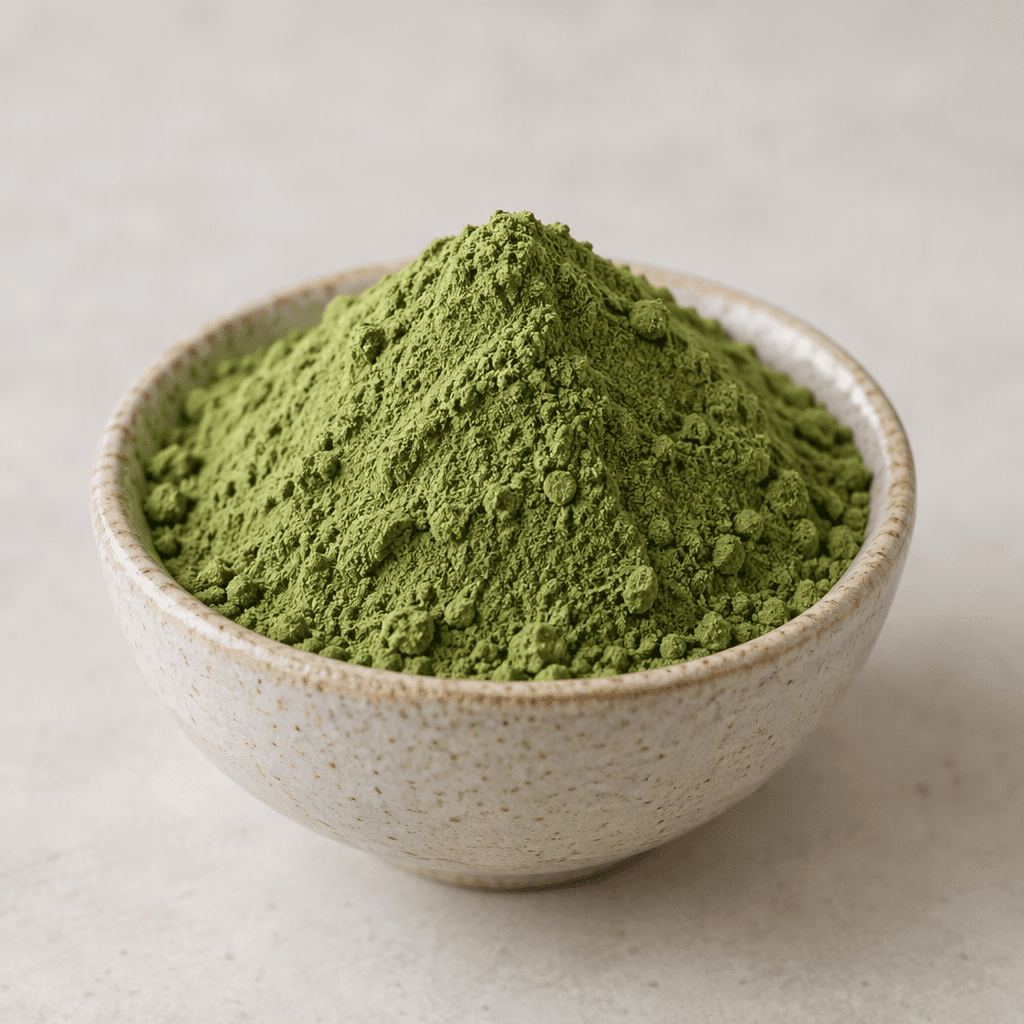 A mound of fine, matte green powder with a slightly uneven, dusty surface sits in a small bowl.