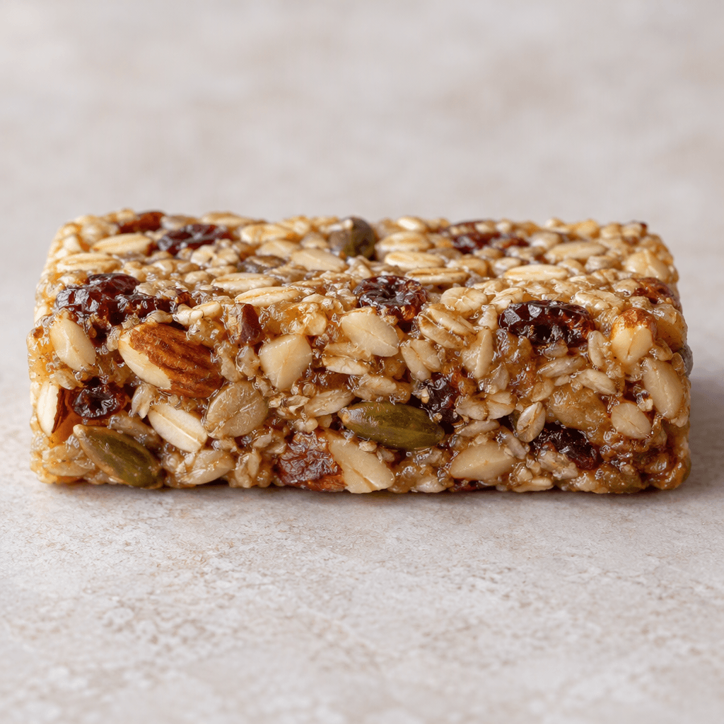 A compact, rectangular snack bar with a firm, uneven surface and small visible pieces embedded throughout.