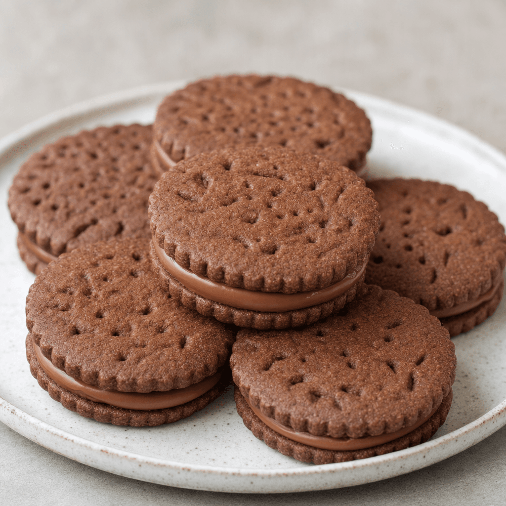 Dark brown, round biscuits with lightly patterned tops are sandwiched around a visible layer of smooth chocolate cream, with a few stacked on a plate.
