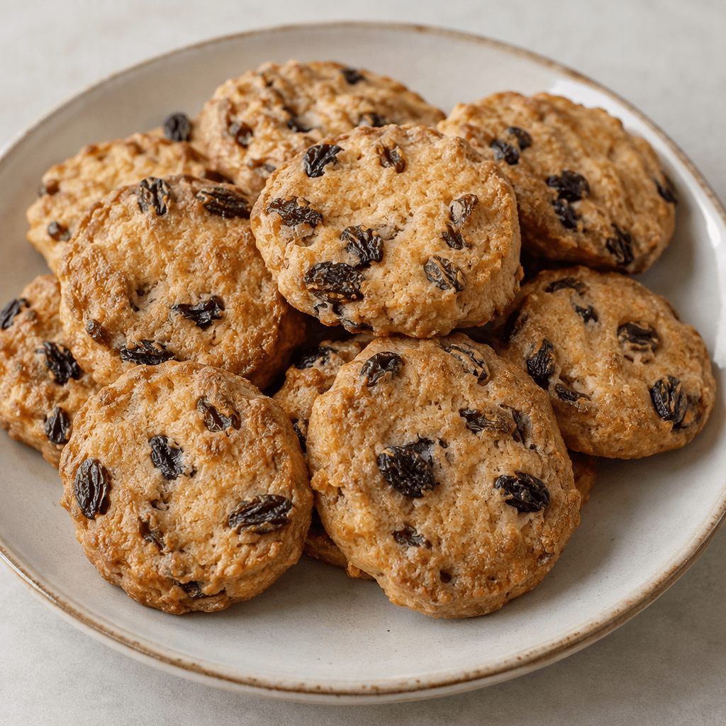 Small, flat, round golden-brown biscuits with dark raisins visible across their lightly textured tops, arranged on a plate.