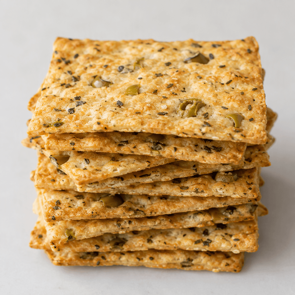 Thin, flat, roughly rectangular golden crackers are stacked, their lightly browned surfaces dotted with small green olive pieces and dark herb flecks.