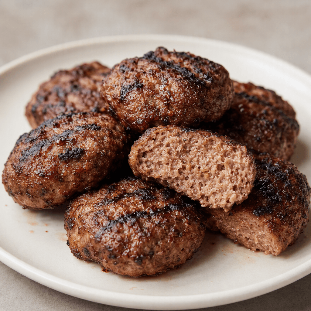 Several round, slightly flattened meatballs with a deep brown, unevenly charred exterior and visible grill marks are arranged on a plain plate, with a moist, coarse-textured interior visible where one is cut open.