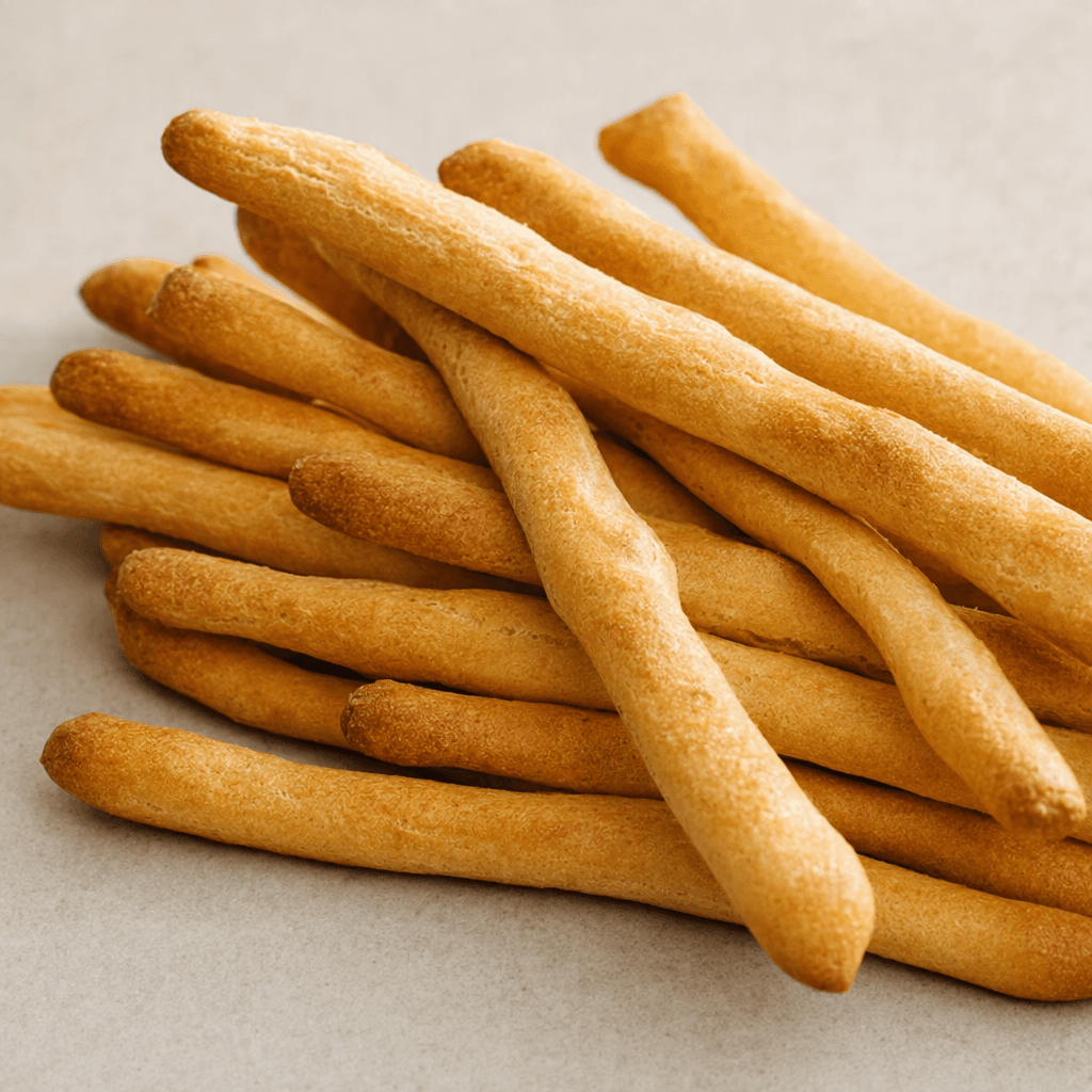 Long, slender golden-brown breadsticks with a dry, lightly rough surface and subtly uneven edges, arranged in a small pile.