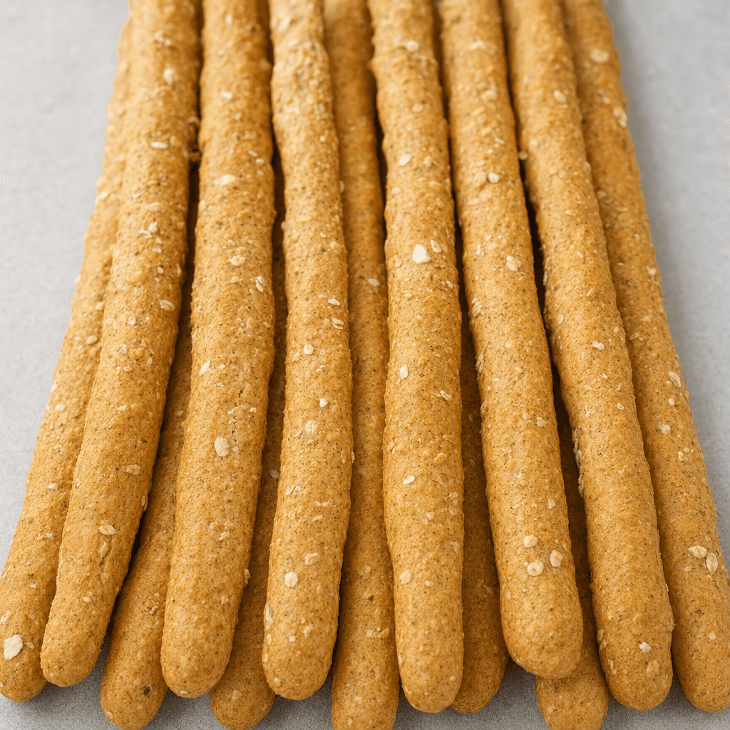 Several long, slender breadsticks lie side by side, golden brown with a rough whole-grain surface and small oat flakes and grain flecks visible.
