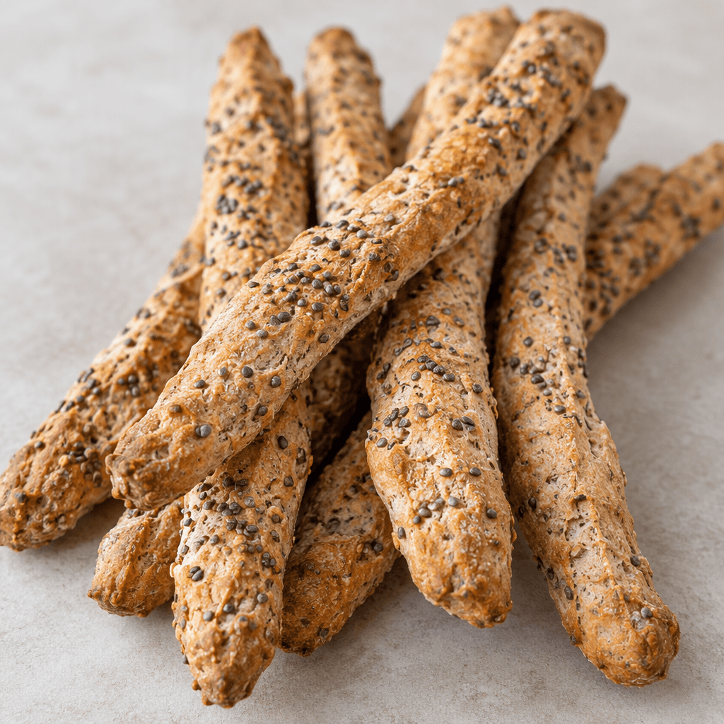 Long, slender whole-wheat breadsticks lie together, their uneven golden-brown surfaces rough and speckled with visible chia seeds.