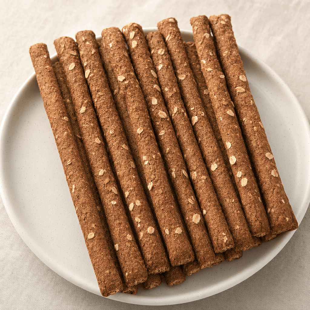 Slim, straight cocoa-brown breadsticks with a dry, lightly rough surface and visible oat flakes are arranged side by side on a plate.