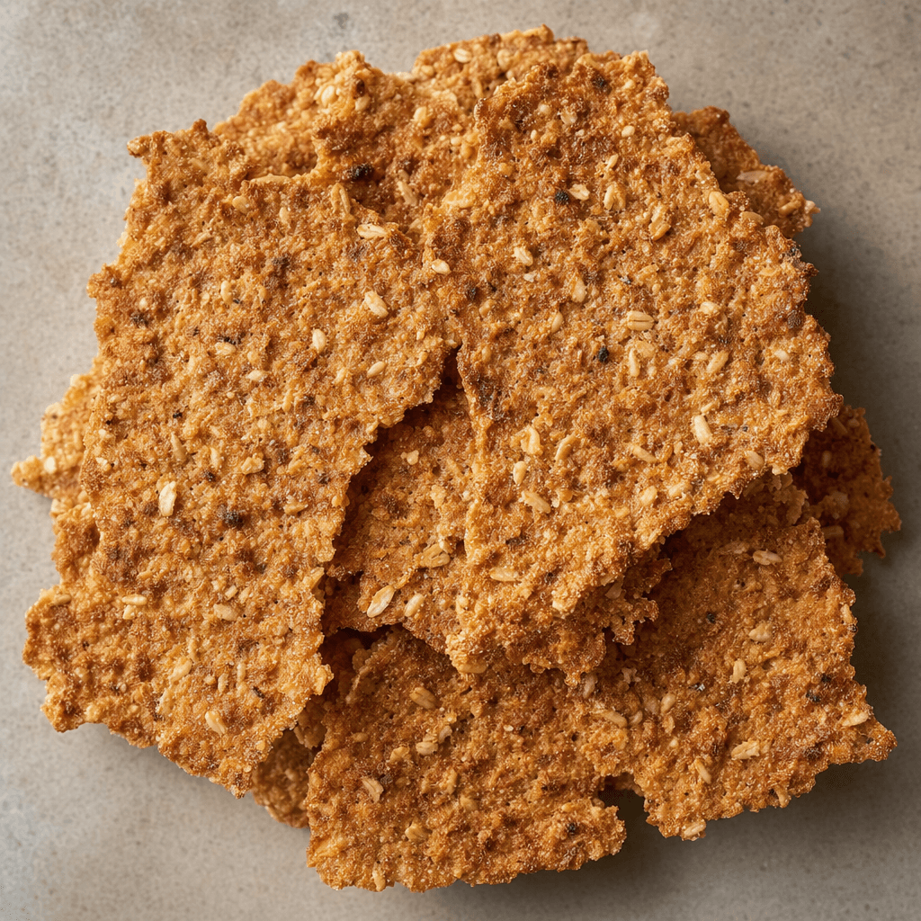 Thin, flat, irregularly shaped crackers with a golden-brown, coarse surface flecked with visible oat and buckwheat grains.