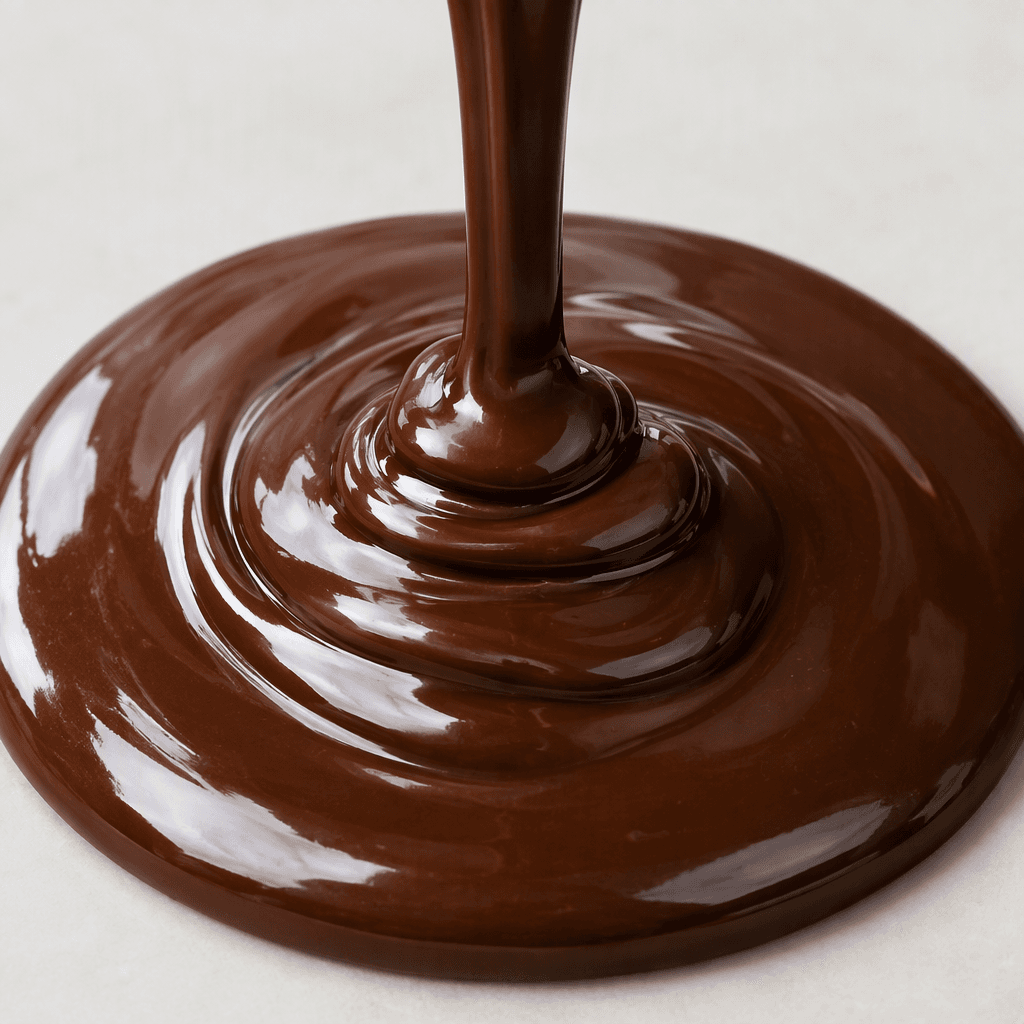 A smooth, glossy, deep-brown chocolate sauce sits in a thick, flowing pool with bright highlights on its surface.