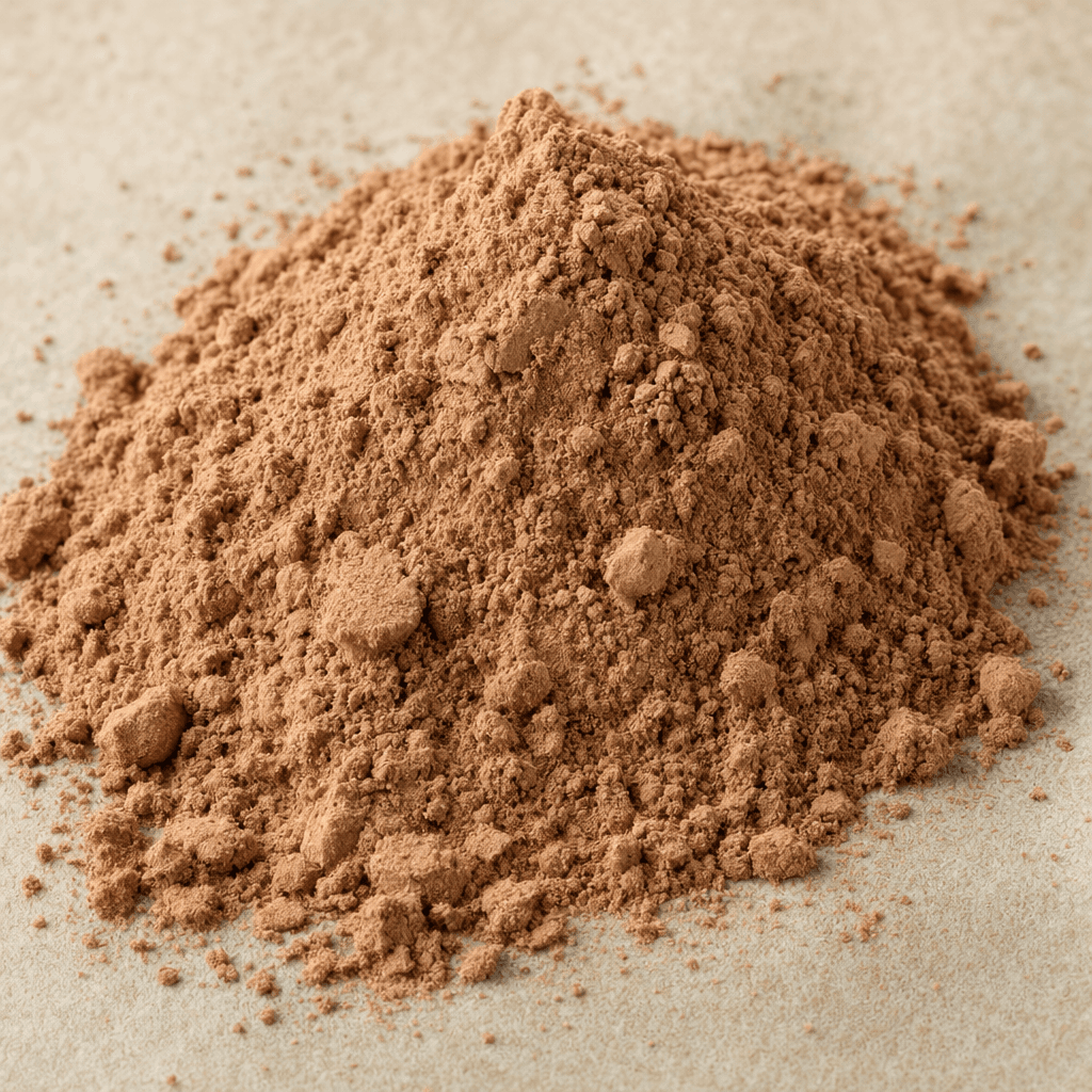 Fine, light-brown chocolate-coloured powder with a soft, slightly clumpy texture, gathered in a small mound.
