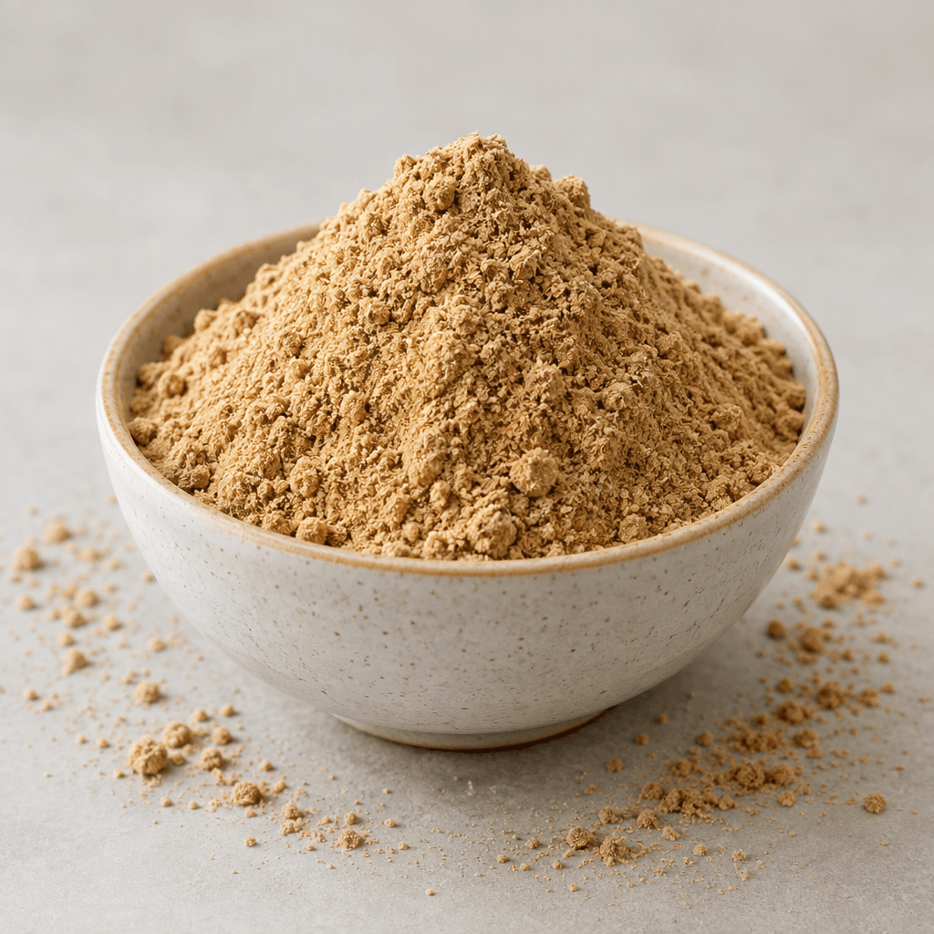 A mound of fine, light-brown powder sits in a small bowl, with a few loose grains scattered around it.