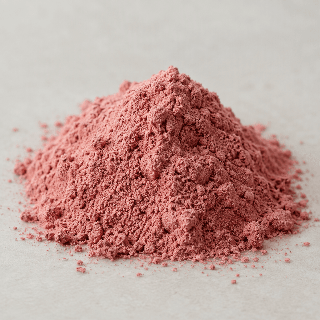 A small mound of fine, dry hibiscus protein powder in a muted rosy pink, with a soft, slightly uneven surface and a few loose grains around it.