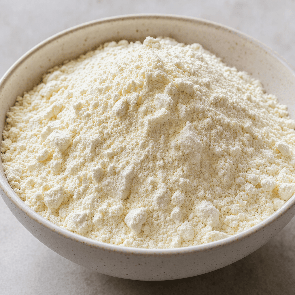 A mound of fine, pale cream-colored pancake mix sits in a bowl, with a soft, powdery texture and a few small clumps.