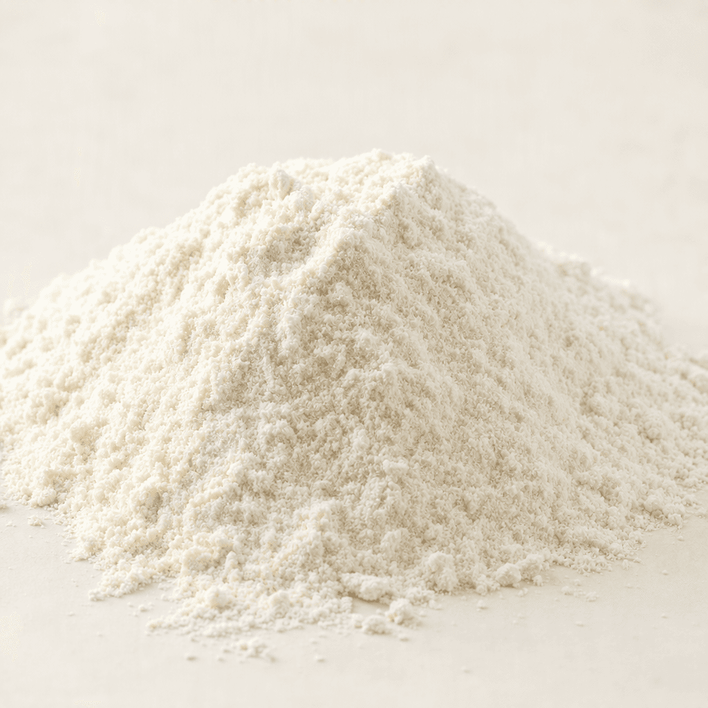 A small mound of fine, loose, pale ivory rice flour with a soft, powdery surface sits on a plain light-coloured surface.