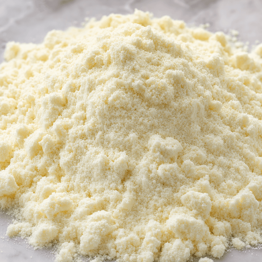 Yumuşak dokulu, yer yer hafif topaklanan, açık krem renkli ince protein tozu bir yığın hâlinde duruyor.