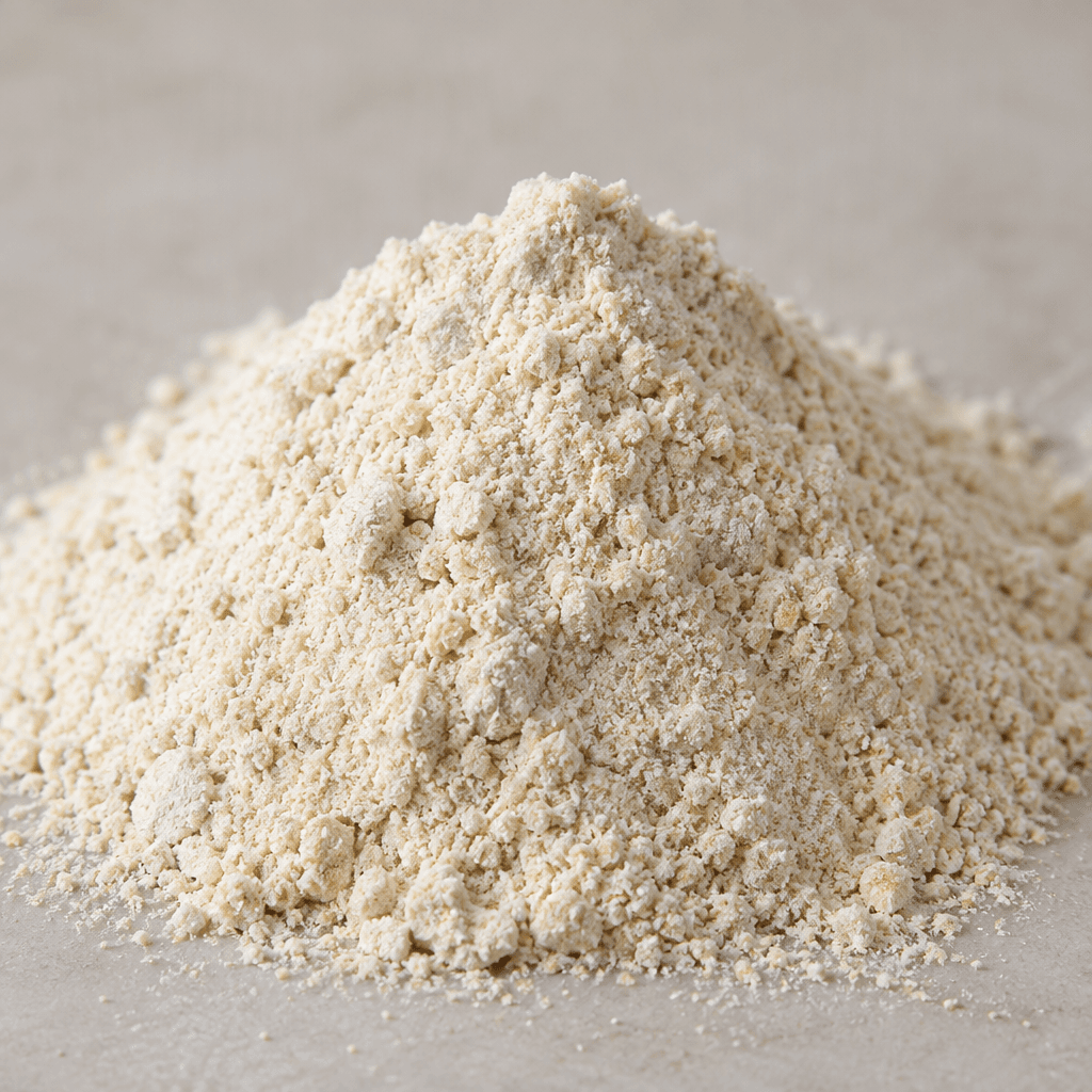 A mound of pale beige, finely ground pancake mix with a soft, slightly grainy texture.