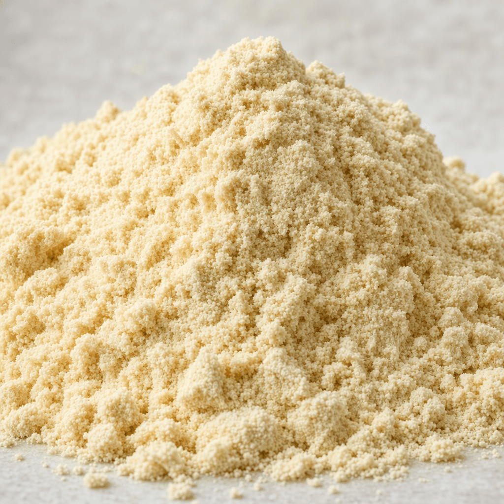 A mound of fine, light beige protein powder with a soft, slightly grainy texture.