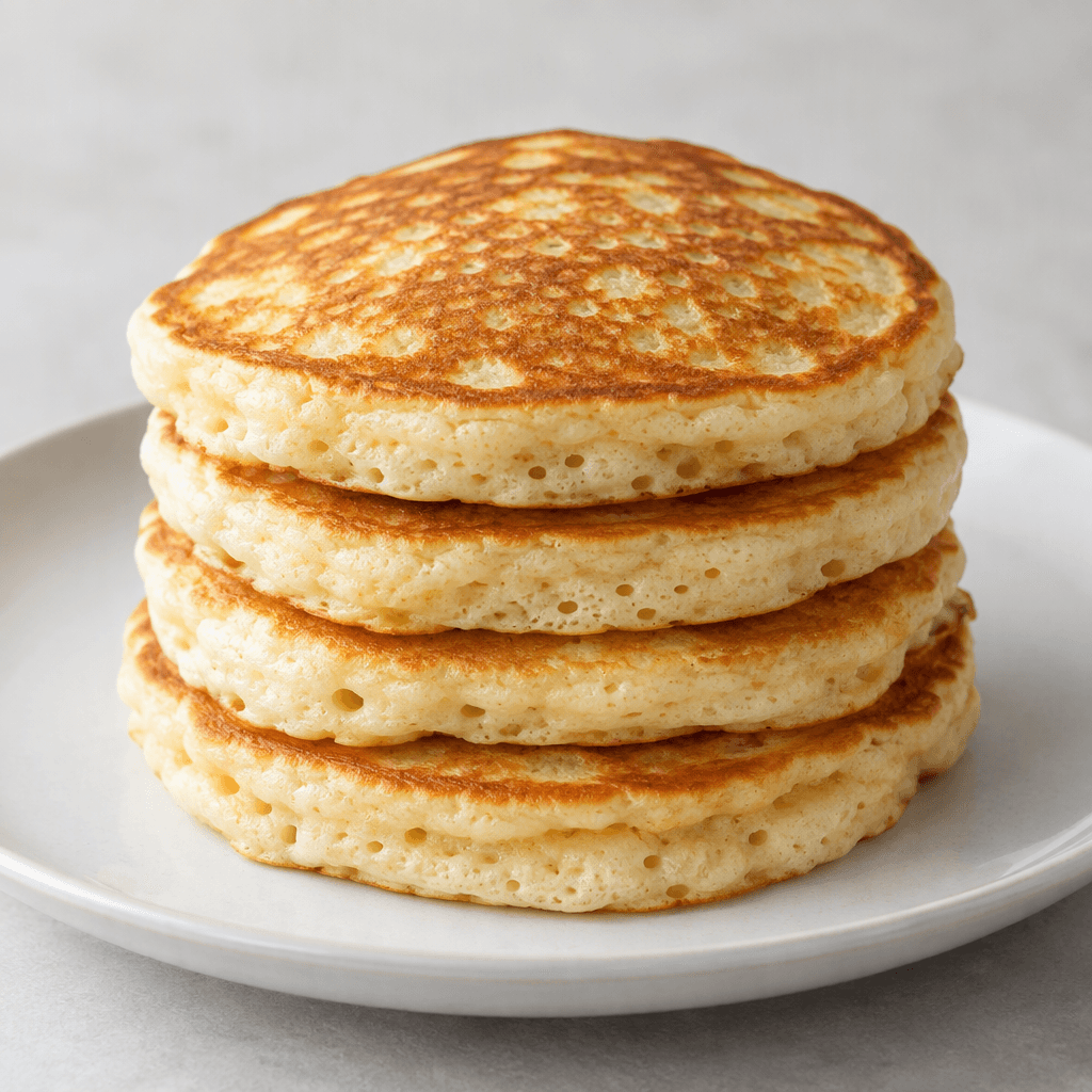 Several thick, round pancakes with golden-brown, lightly mottled surfaces and a soft, porous interior are stacked on a plate.