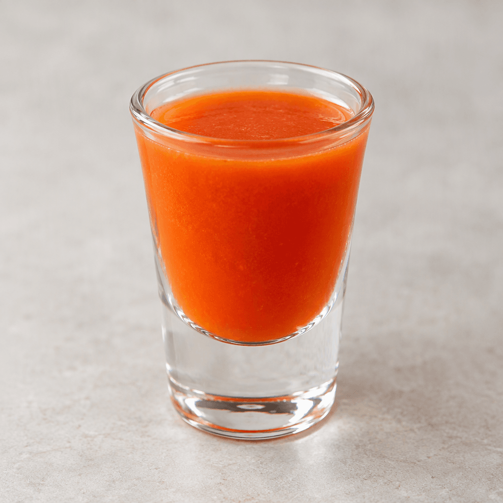 A small, clear shot glass contains a vivid orange-red drink with a slightly cloudy surface.