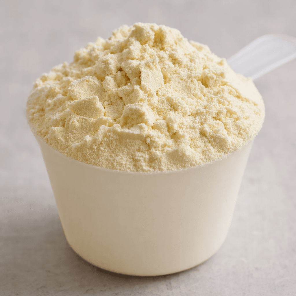 A mound of fine, pale cream-colored whey protein powder with a soft, slightly clumpy texture sits in a small scoop.