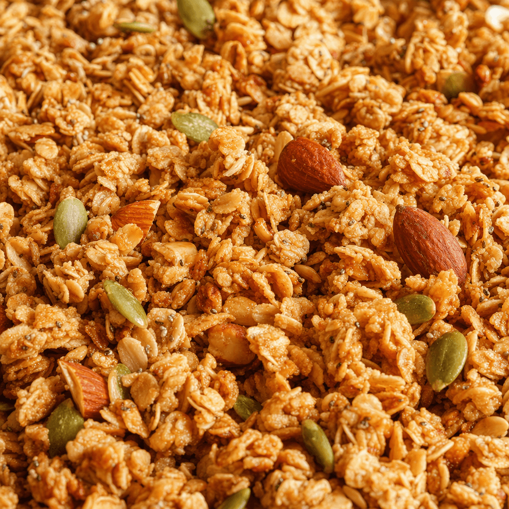 Altın-kahverengi granola, aralarına dağılmış birkaç belirgin kuruyemiş ve tohumla birlikte kızarmış yulaf ezmesinden oluşan gevşek, düzensiz kümeler hâlinde görünür.
