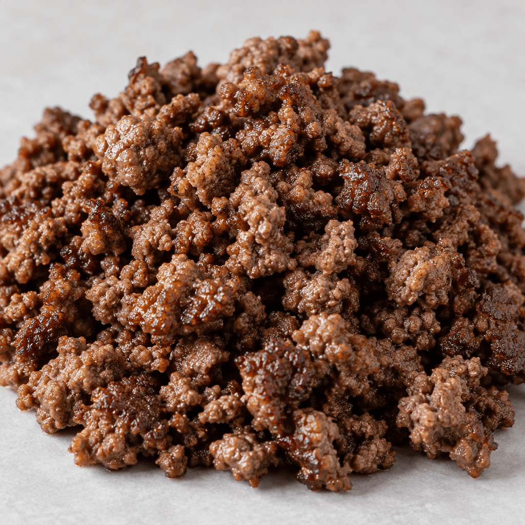 Small, irregular crumbles of cooked ground meat form a loose mound, mottled brown with darker seared edges and a slight sheen.