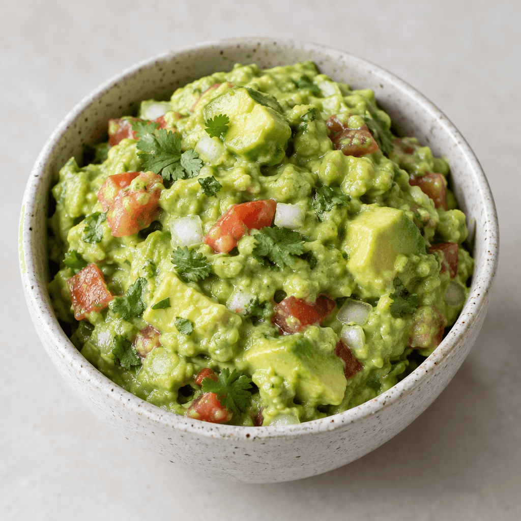 A bowl of chunky, creamy pale-green mashed avocado mixed with small pieces of red tomato, white onion and bright green herbs, with a few avocado chunks visible on the surface.