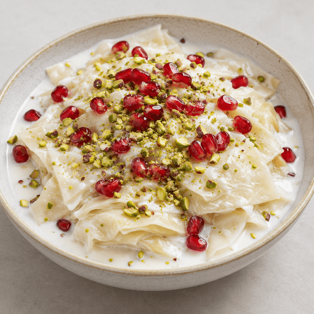 Thin, pale ivory starch sheets form soft, slightly translucent layers soaked in white milk, served in a shallow dish and topped with bright red pomegranate seeds and a sprinkle of finely chopped green pistachios.