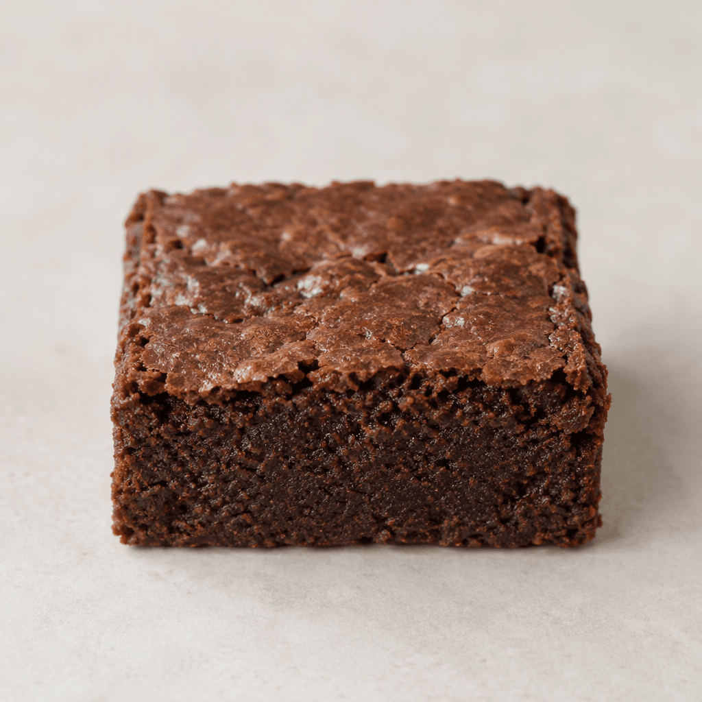 Koyu kahverengi, yüzeyi hafif pürüzlü ve içi sık dokulu, kalın dikdörtgen bir brownie dilimi tek başına görülüyor.