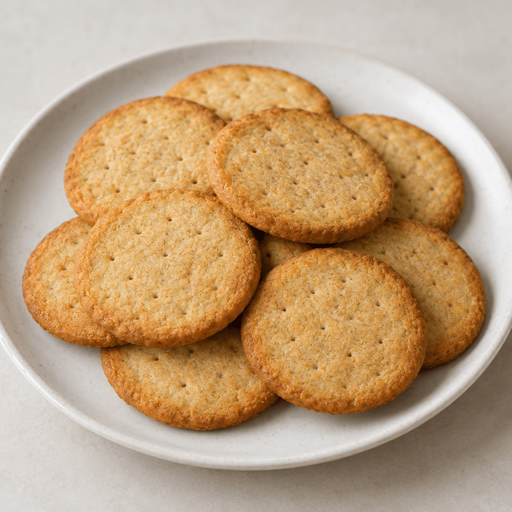 Several small, round, flat golden-brown biscuits with lightly browned edges, a dry, finely textured surface and tiny pinholes are arranged on a plate.