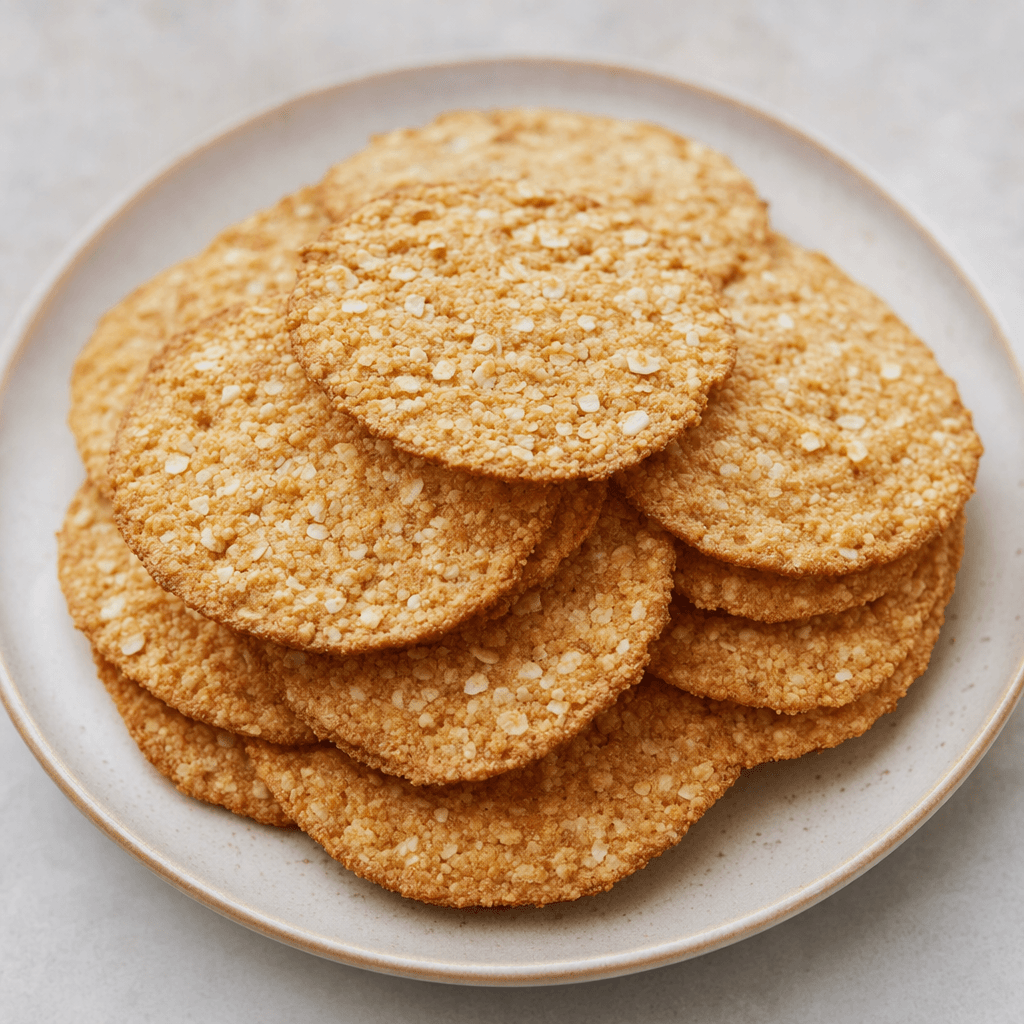 Thin, round, golden-beige oat crackers with lightly browned edges and a coarse surface flecked with visible oat pieces, stacked loosely on a plate.