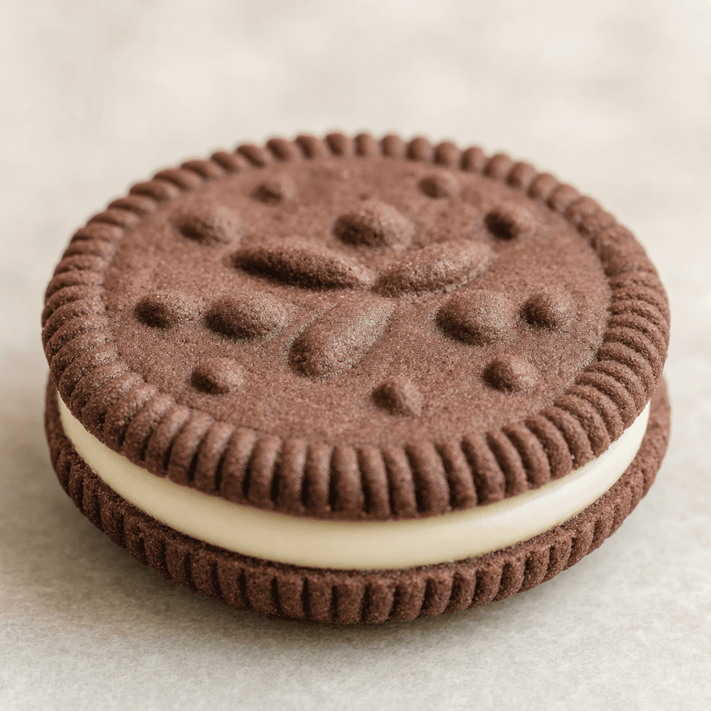 Two round, dark brown cocoa biscuits with a lightly ridged edge and an embossed pattern are joined by a visible layer of pale cream filling.