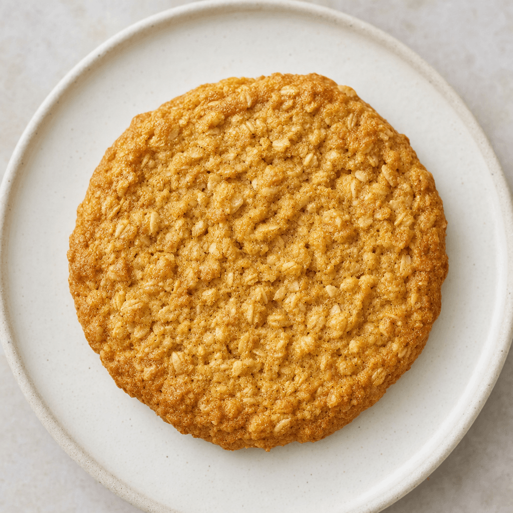 A flat, round, golden-brown oat biscuit with a lightly rough surface, visible oat flecks and a slightly darker edge, served on a plain plate.