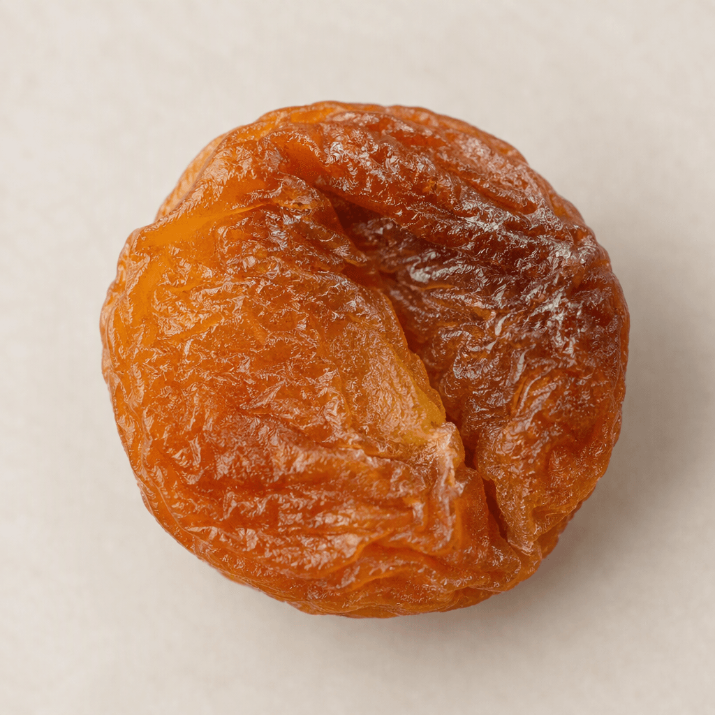 A whole sun-dried apricot is a small, flattened, wrinkled oval with amber-orange to deep brown skin, a slightly leathery surface, and a small natural crease or indentation where the pit was removed.