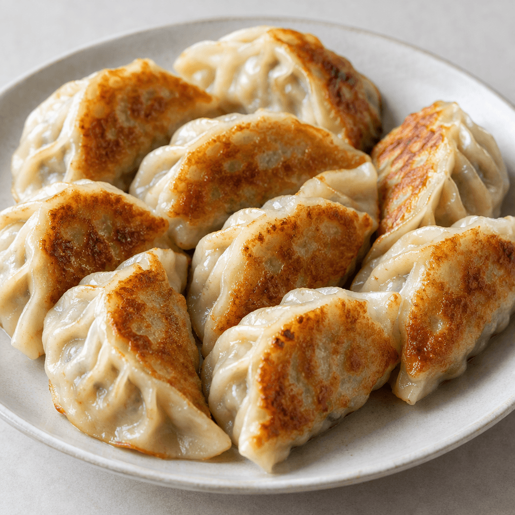 Small crescent-shaped dumplings with pale, slightly translucent pleated wrappers and golden-brown seared patches are arranged closely on a plate, with their folded edges visible.