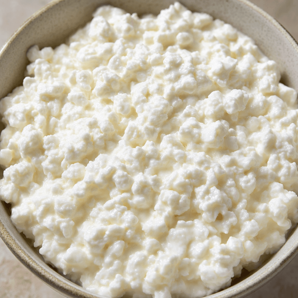 Small, soft white curds with a slightly creamy coating sit in a shallow bowl, forming an uneven, moist surface.
