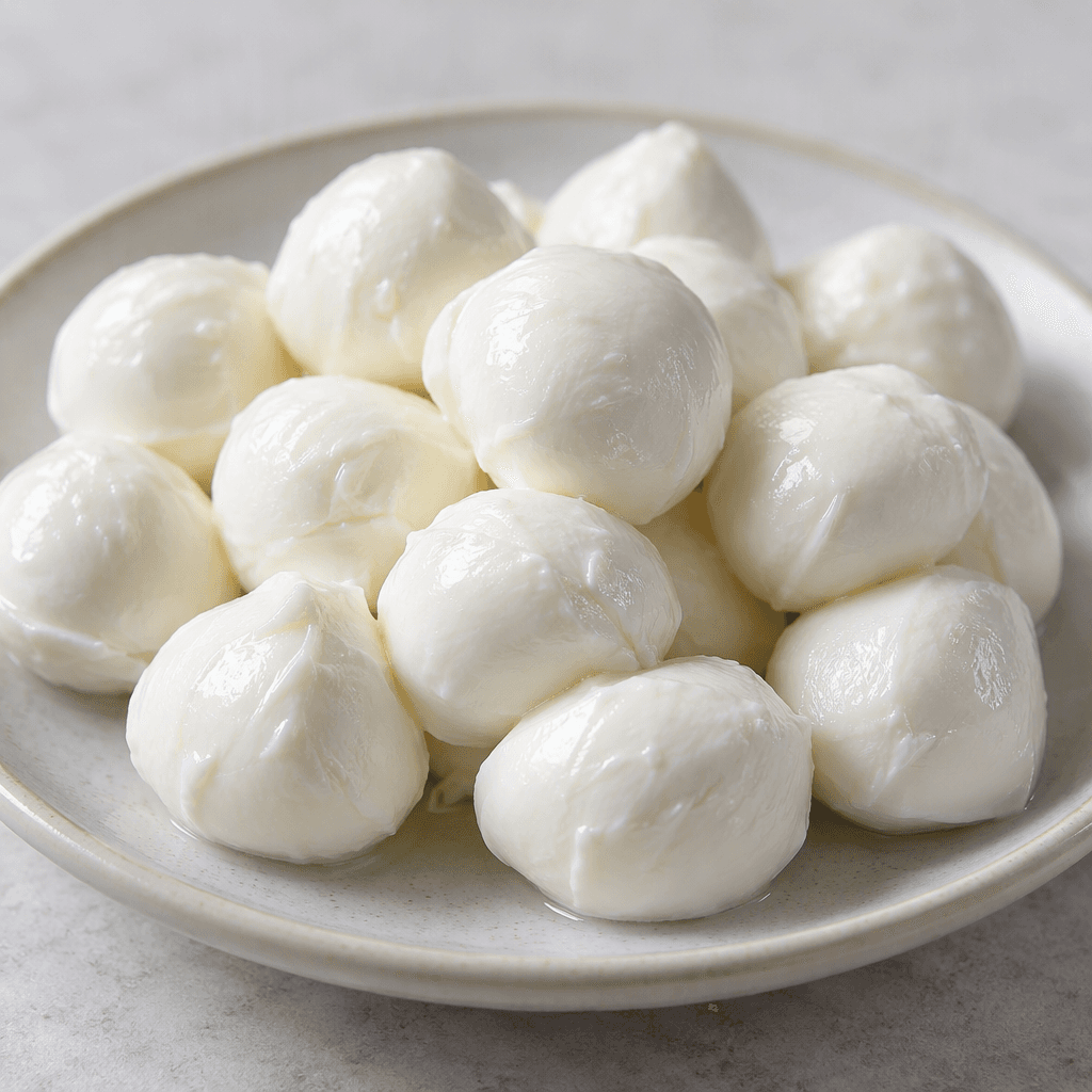 Pürüzsüz ve hafif nemli yüzeyli, küçük, yuvarlak, bembeyaz mozzarella topları tabakta bir arada duruyor.
