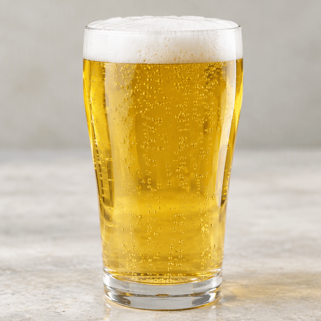 Pale golden, clear beer with a light white foam head, served in a transparent glass with fine bubbles rising through it.