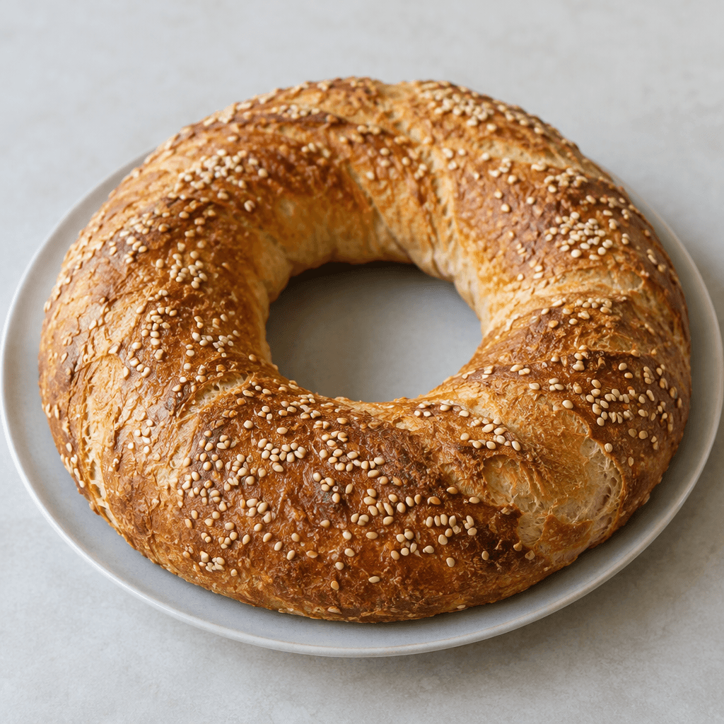 A large golden-brown ring of bread with a thick, crisp-looking crust, a wide central opening, and a lightly textured surface speckled with sesame seeds, served whole on a plate.