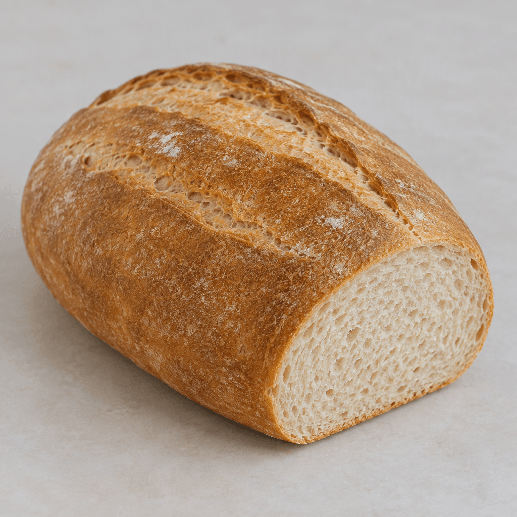 A simple oval loaf made from wheat flour, with a lightly browned matte crust, shallow lengthwise scoring, and a pale, fine-textured crumb visible at one cut end, served whole on a plain surface.