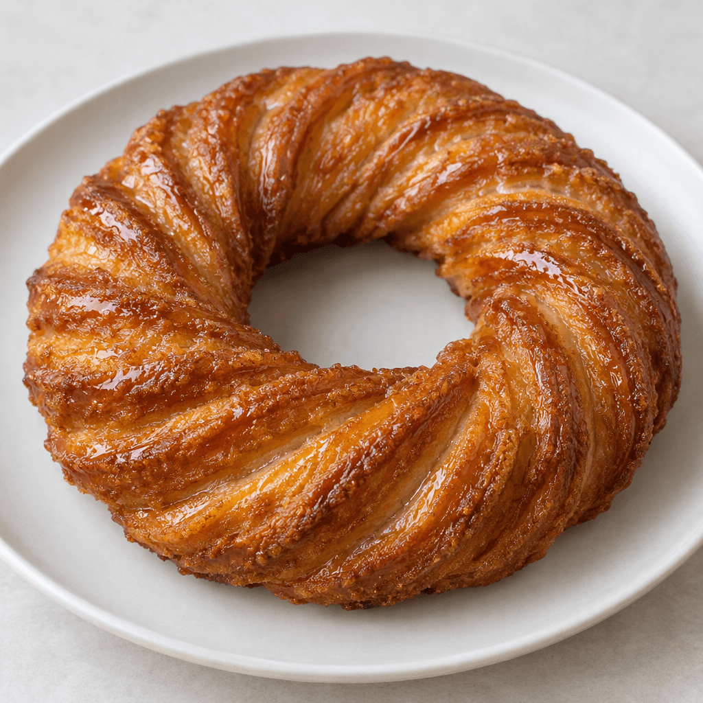 A large golden-brown ring of ridged, twisted dough with a glossy sugar syrup coating, its rough, crisp-looking surface and open center clearly visible on a plain serving plate.