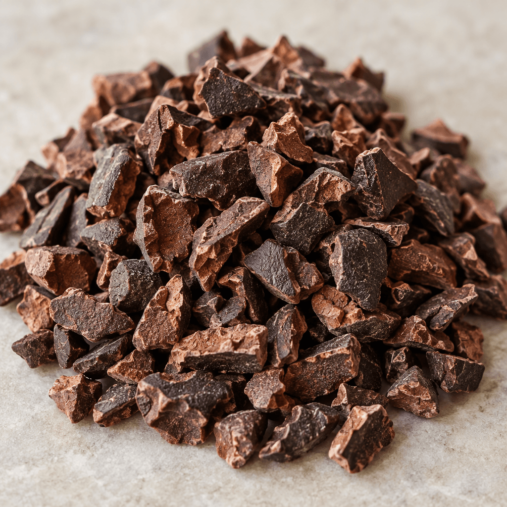 A small pile of raw cacao nibs consists of irregular, angular dark-brown pieces with rough, crumbly surfaces and occasional lighter brown edges.