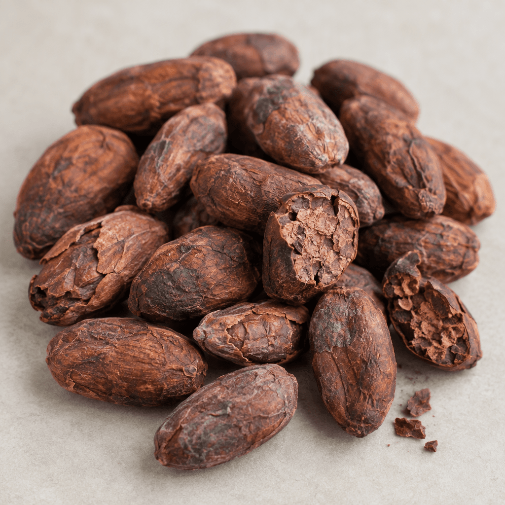 Rough, irregular oval cocoa beans in deep reddish-brown tones, with wrinkled papery shells and a few cracked open to reveal their lighter, crumbly interiors, are scattered on a plain surface.