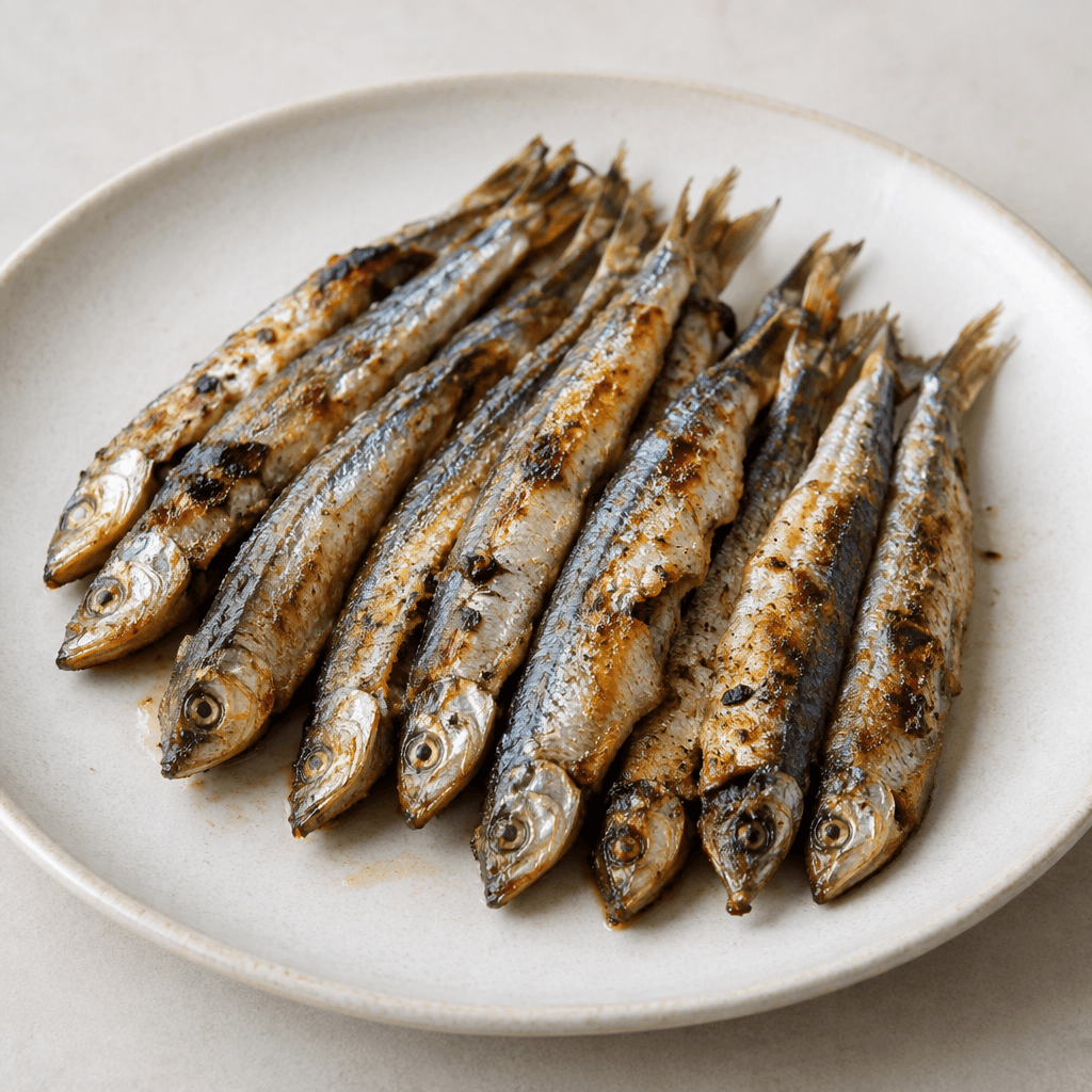 Small whole anchovies with silvery skin, browned and lightly charred in spots, are arranged side by side on a plate.
