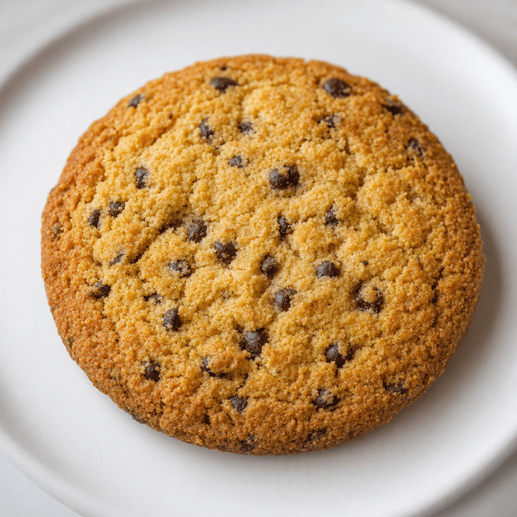 A round, golden-brown biscuit with a slightly rough, crisp-looking surface dotted with small dark chocolate chips, shown on a plain plate.