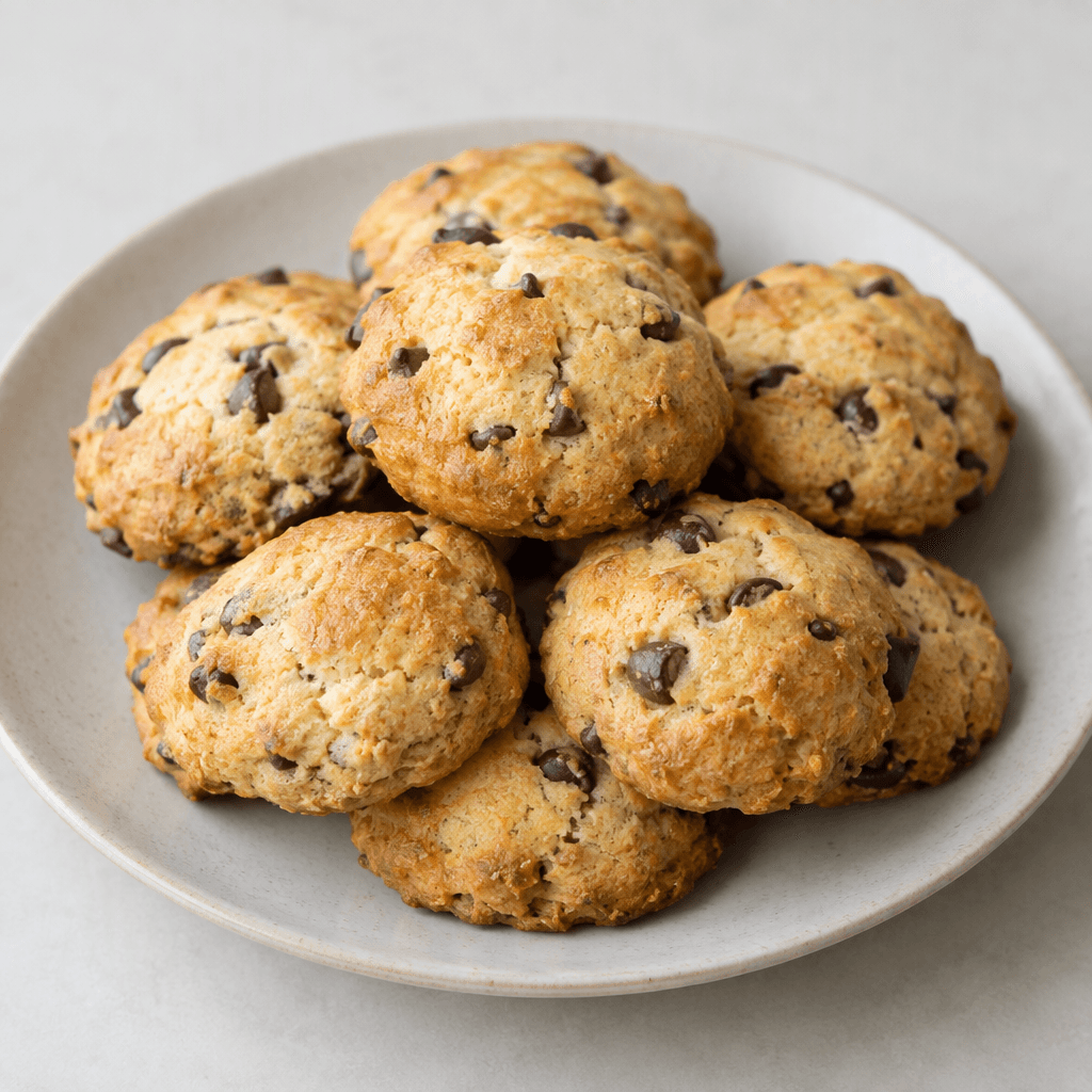 Small, round, slightly domed golden-brown biscuits with uneven edges and scattered dark chocolate chips are arranged on a plate.