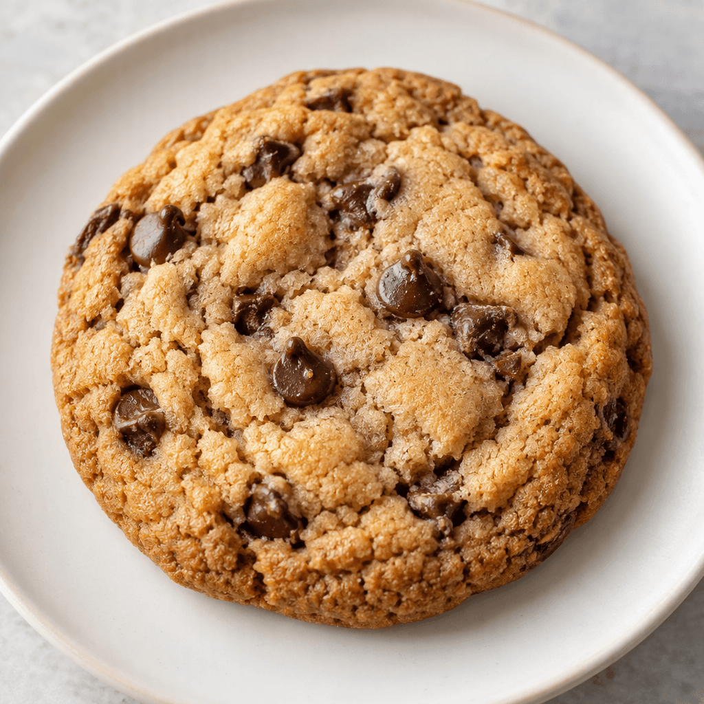 A round, golden-brown cookie with a lightly cracked, uneven surface and small dark chocolate chips scattered across it, shown whole on a plain plate.